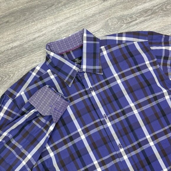 Bugatchi Dress Shirt Men's Large Blue Purple Plaid Geometric Flip Cuff Button Up - Picture 7 of 16